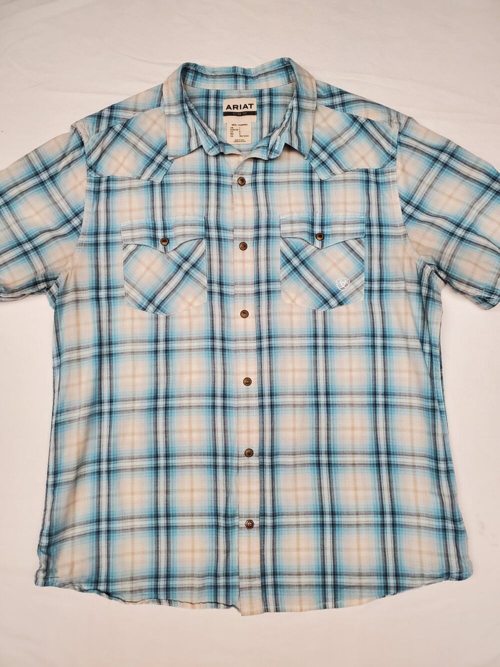 Ariat Retro Fit Western Shirt Men's L Blue Plaid Snap Short Sleeve